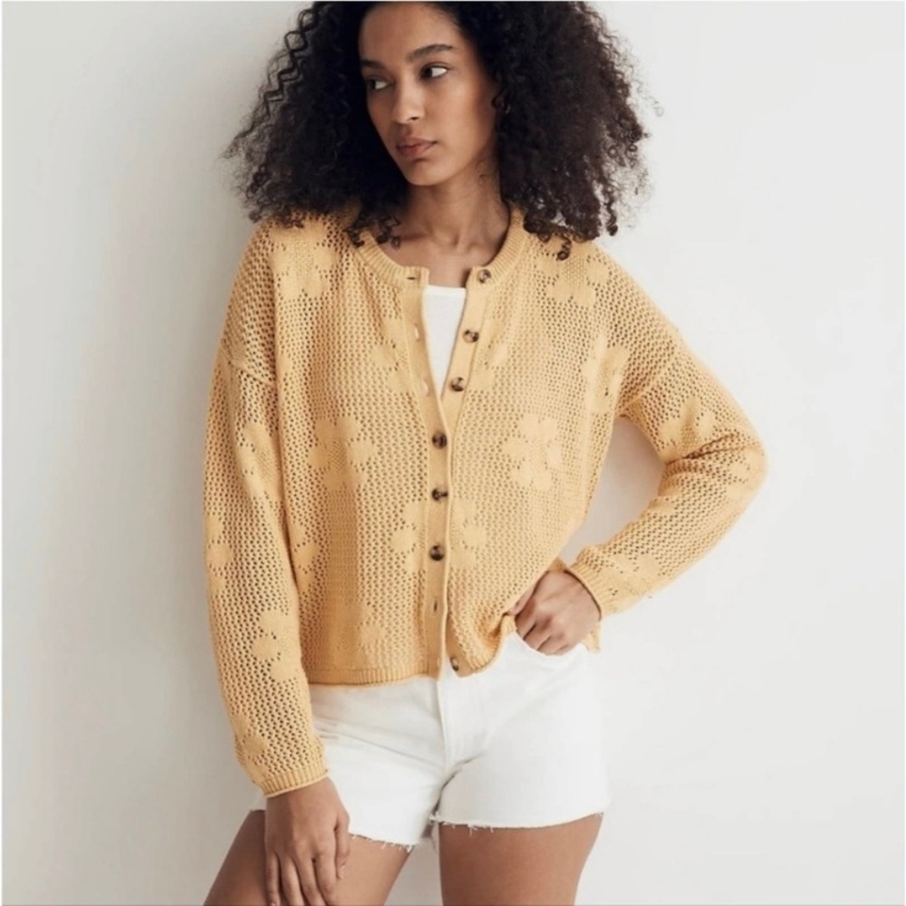 Madewell Floral Open Stitch Cardigan Sweater Yellow